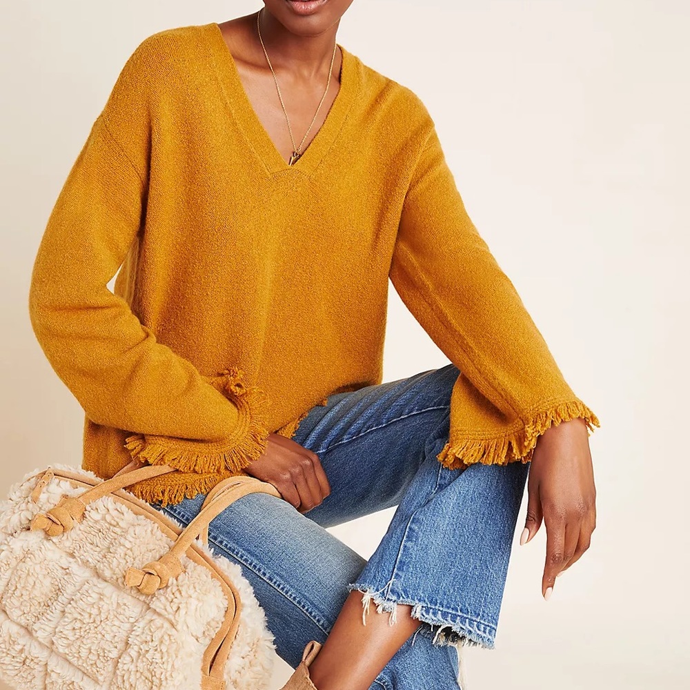 Anthropologie Joy Fringed V Neck Wool Sweater